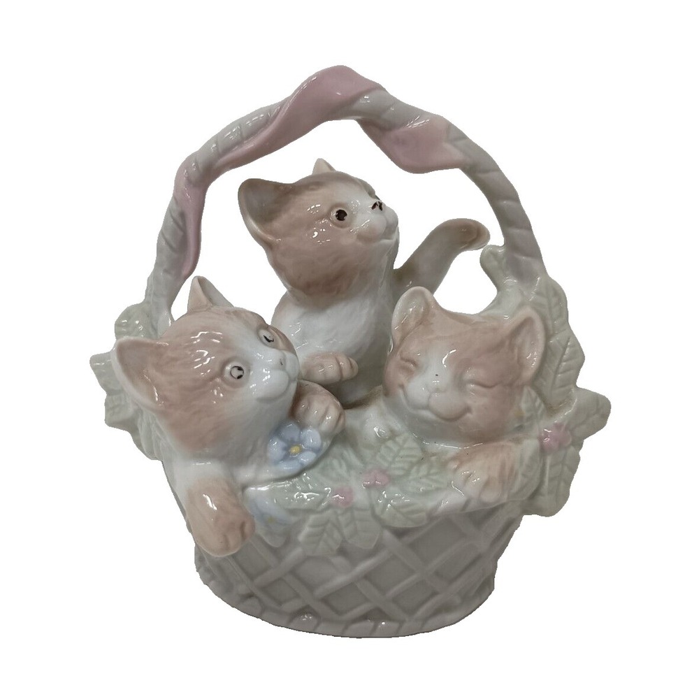 Vintage Enesco Kittens In Basket Figurine Porcelain Pastel Cottagecore Decor